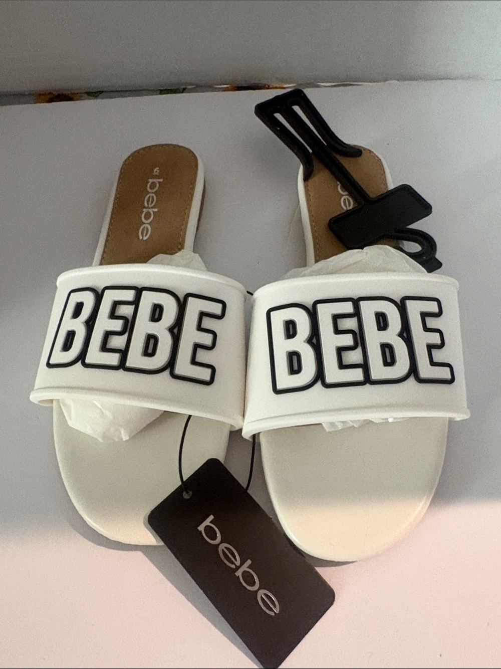 bebe White Slide Sandals with Black Logo